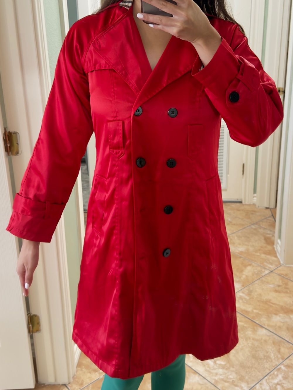 Red Satin Burberry Trench Coat - Picture 4 of 7